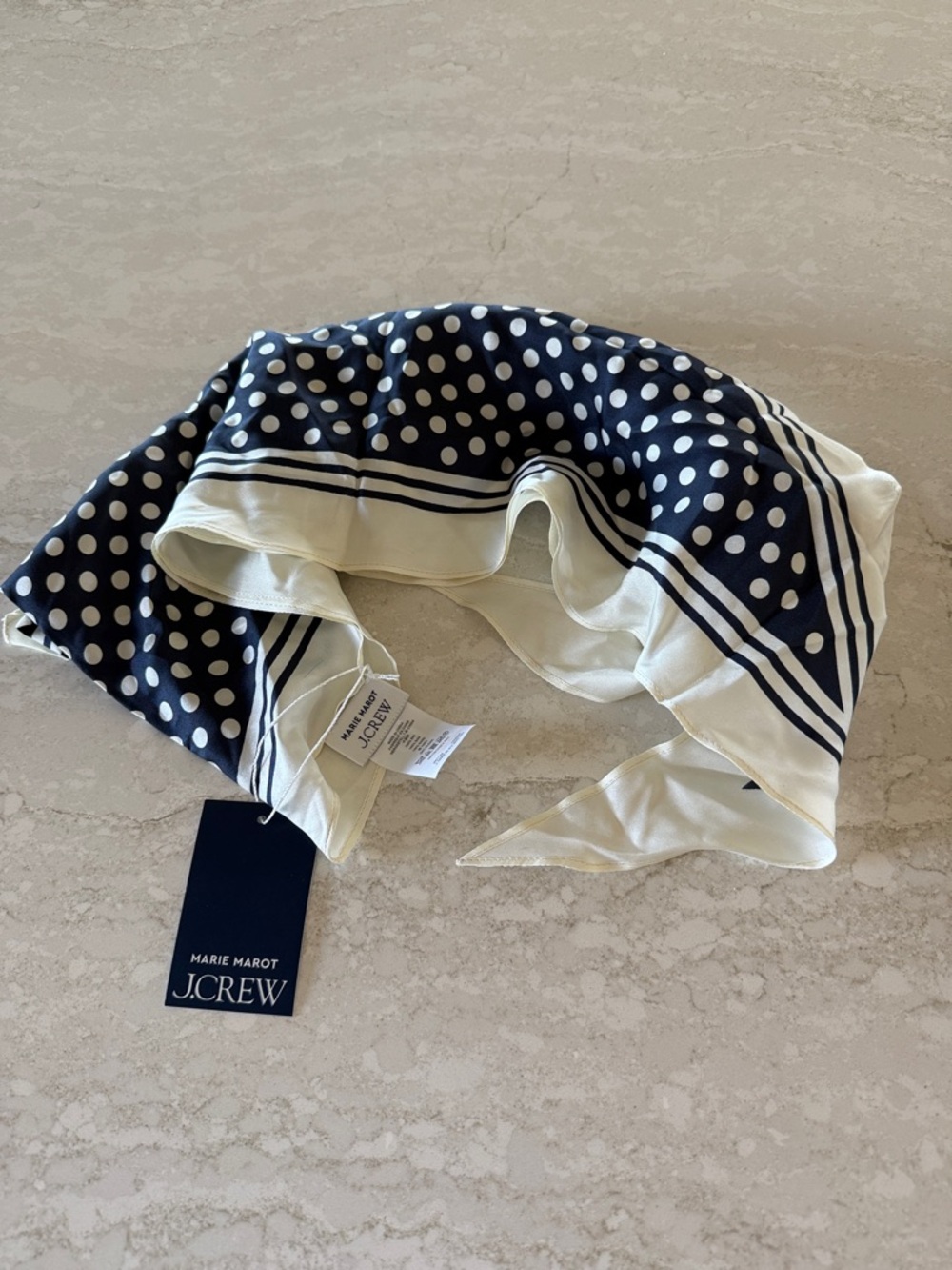 NWT Marie Marot x J. Crew Navy and Cream Polka Dot Silk Scarf